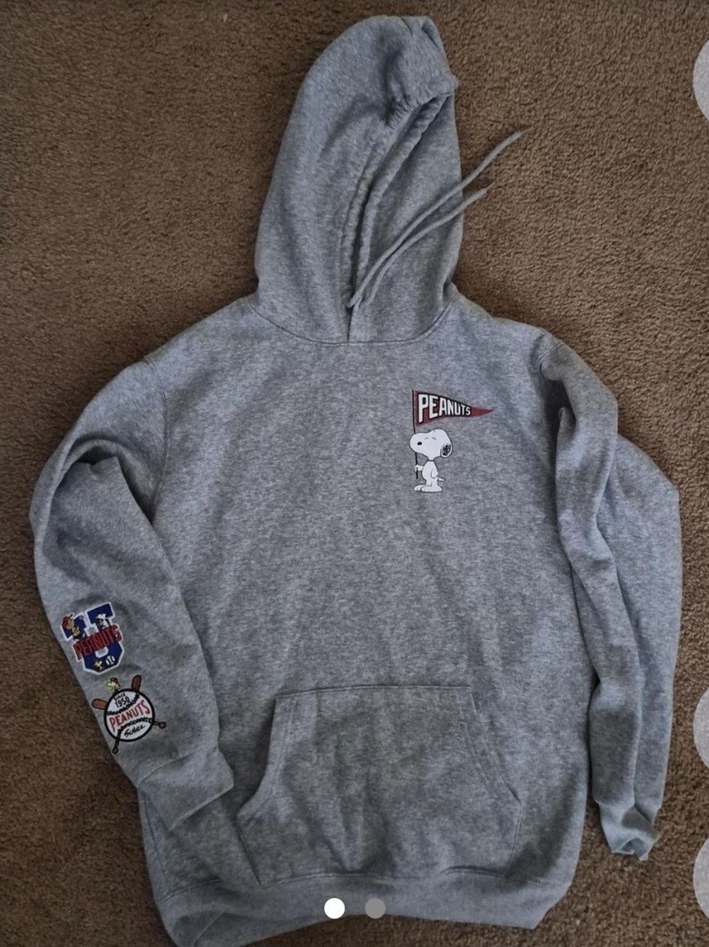 Peanuts Women's Gray Hooded Sweatshirt with Red Logo and Multicolor Characters - Picture 2 of 2